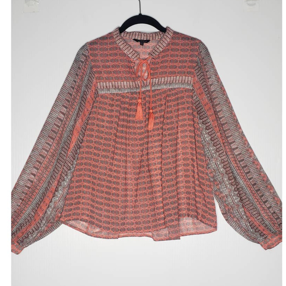 Lucky Brand Tassel Tie Neck Geometric Print Puff Sleeve Boho Red Tunic Top Large